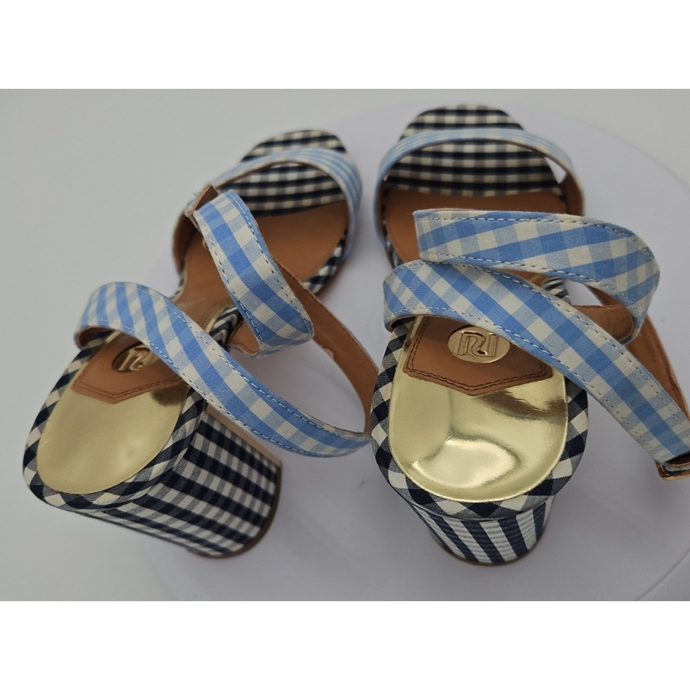 River Island Lt &‎ Dk Blue Gingham Strappy Sandal 4 inch Heels Womens Sz 7 *EUC* - Picture 13 of 16